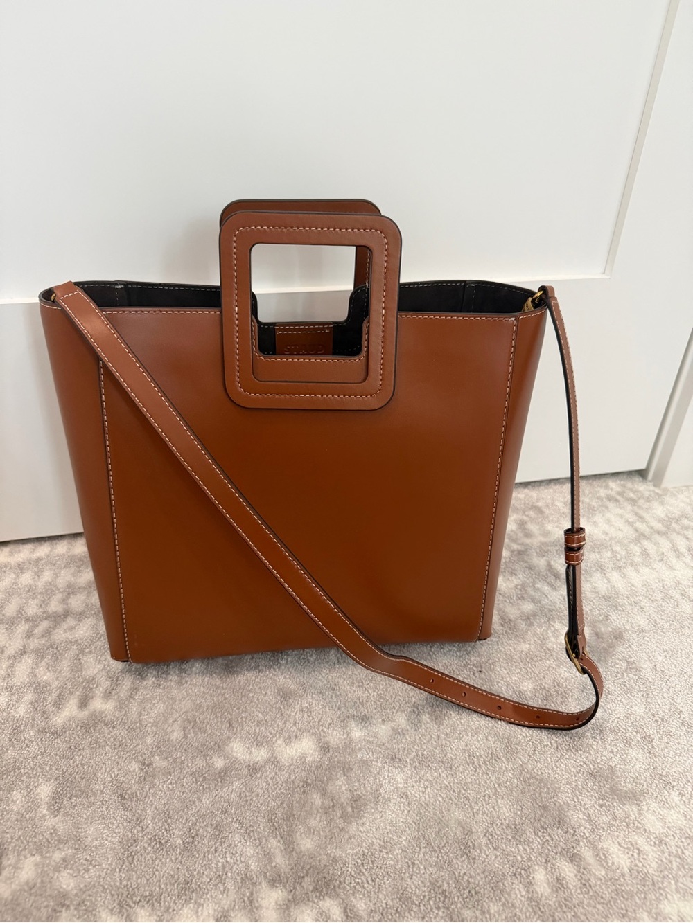 STAUD Square-Handle Leather Shoulder Tote in Cognac Brown